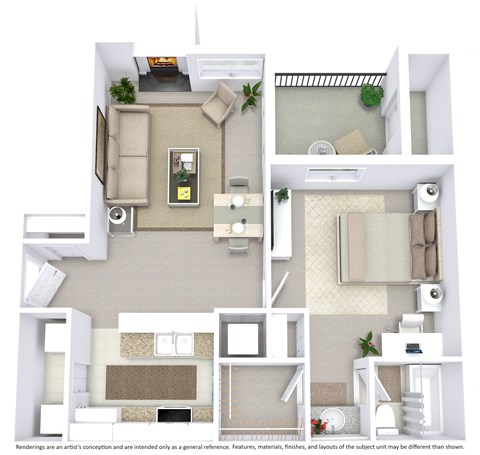 This is a 3D-floor plan providing a detailed, angled view of the space with room layouts, furniture placement, and spatial flow. Features 1 bedroom/s, 1 bathroom/s, and approximately 626 Sq. Ft